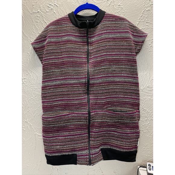Woven Womens Striped Vest Burgundy Black White Reversible Full Zip Front Sz M - Picture 1 of 8